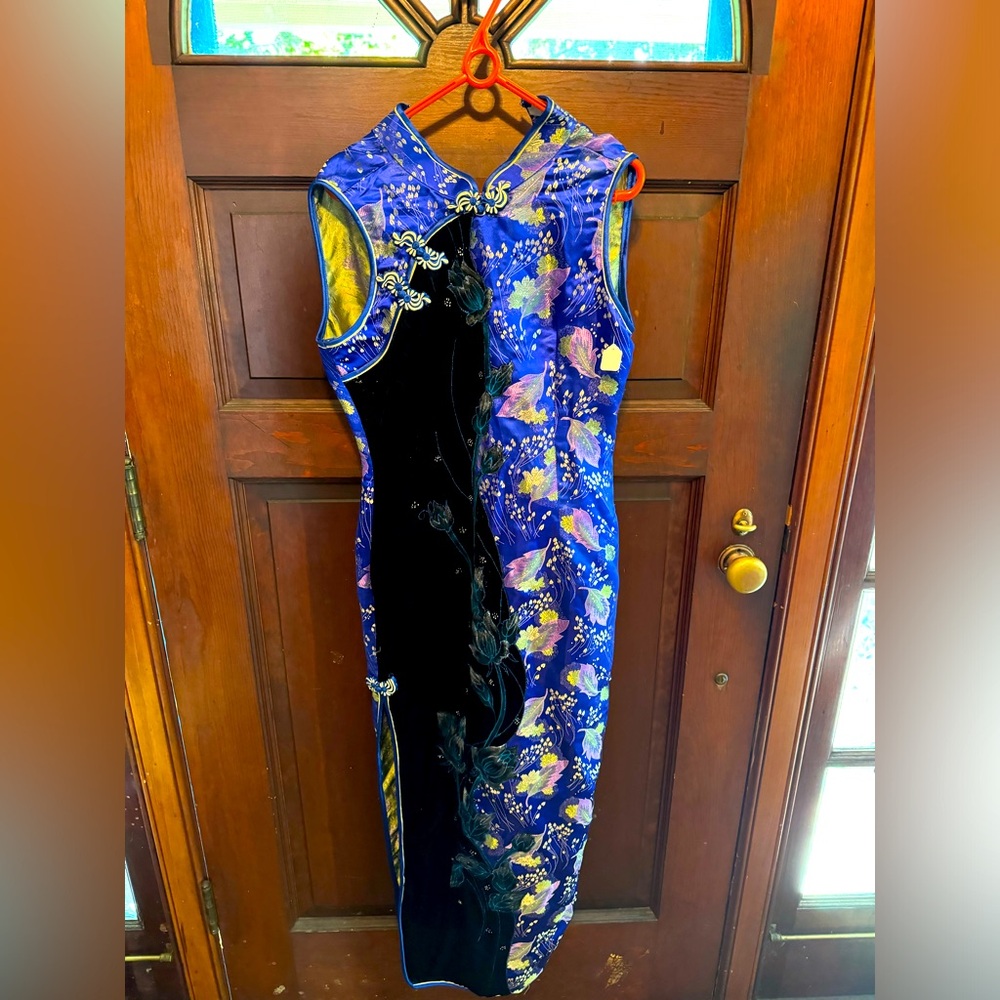VTG Chinese Dress Medium M Long Blue Floral Print Dress Cosplay Velvet